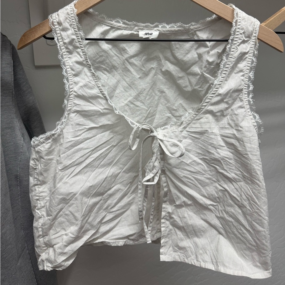 Aerie White Striped Lace Top